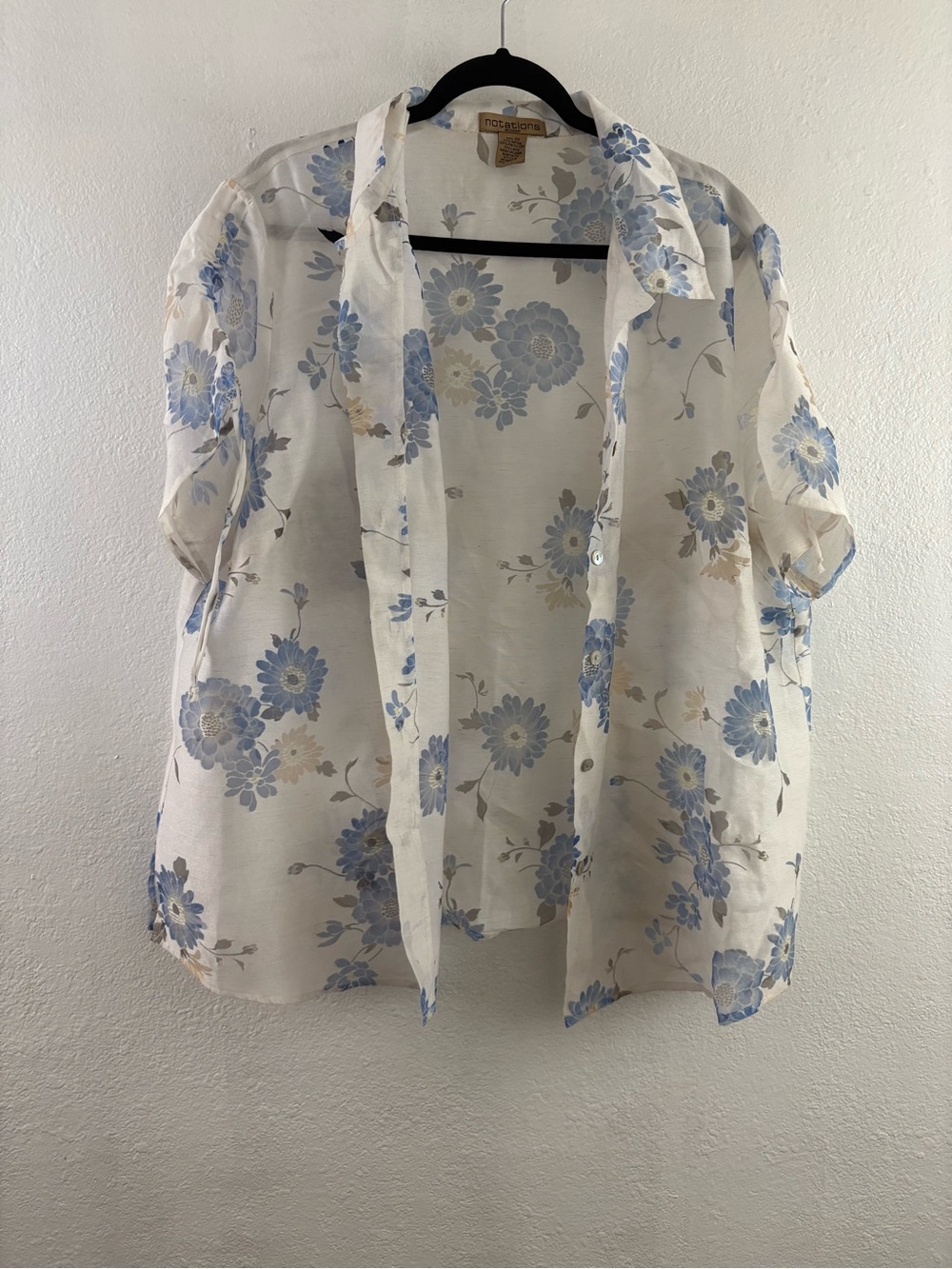 Notations sheer white short-sleeve button-down floral print blouse size 3XL